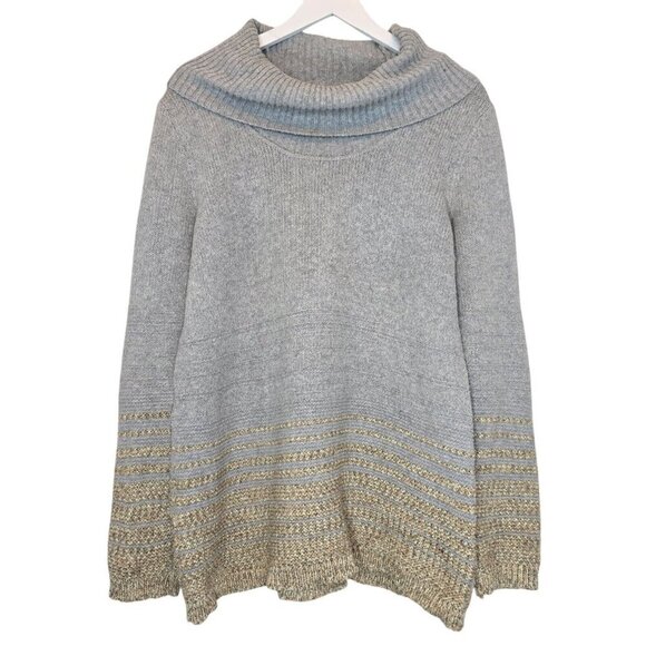 CALVIN KLEIN Tunic Sweater Cowl Neck Oversized Gray Gold Lurex Gradient Women M - Picture 2 of 12